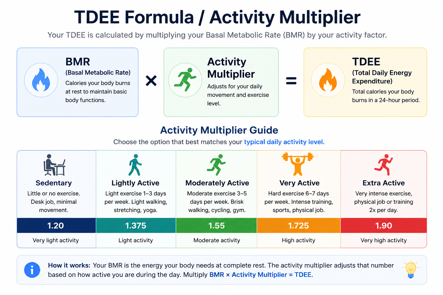 Infographic visually explaining TDEE formula showing BMR multiplied by activity factor.