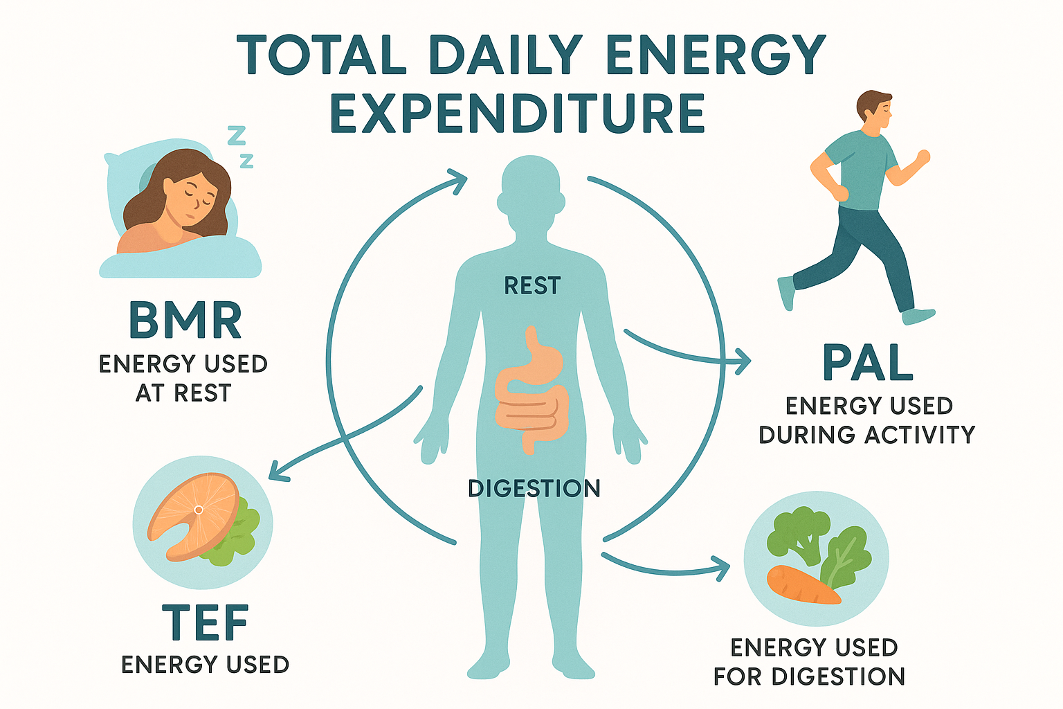 Infographic visually explaining Total Daily Energy Expenditure (TDEE) with sections on Basal Metabolic Rate (BMR), Physical Activity, and Thermic Effect of Food (TEF) using flat vector illustrations and simple iconography in calming colors.